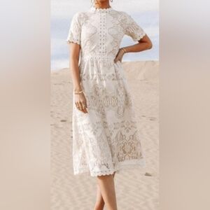 Böhme Rust Red Short Sleeve Lace Midi Dress, Size XS